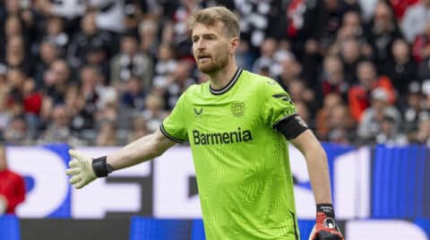 Bayer Leverkusen Lukas Hradecky is in goal in the DFB